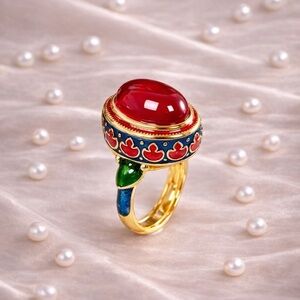Ethnic Vintage Red Cabochon Enamel Ring